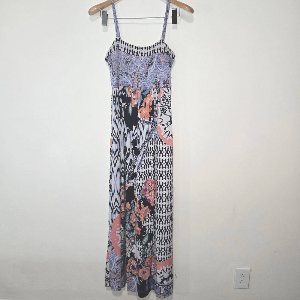 Soma Maxi Dress Womens Large Multicolor Paisley Floral Smocked Pocket Boho